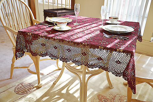 Festive Crochet Square Tablecloth. Merlot color. 45 SQ.